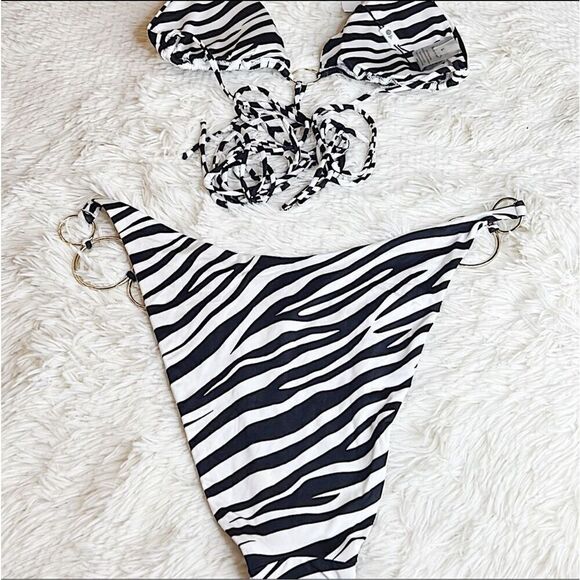 Monica Hansen Beachwear Zebra Print Triangle O-Ring Bikini Set Girl On Fire Larg - Picture 5 of 8